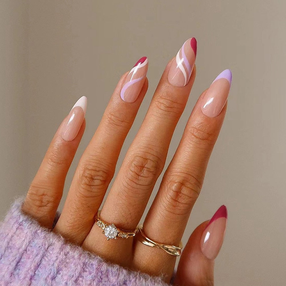 24Pcs/Box Almond Round Wavy False Nails Detachable Stiletto Fake Nails Full Cover French Ballerina Nail Tips Press On Nails E2