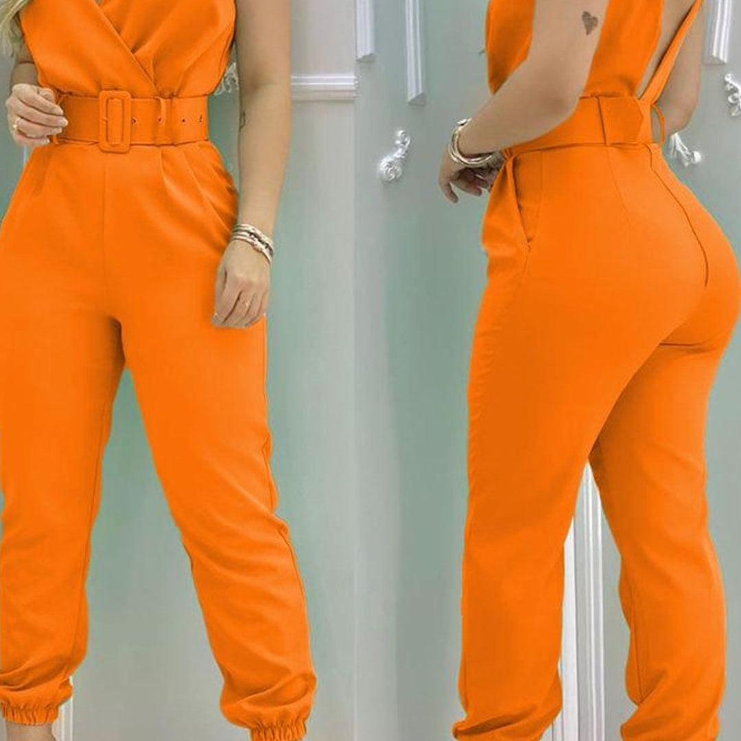 Woman Jumpsuits Elegant Jumpsuits Sexy V-neck Sleeveless Printed Jumpsuit New Fashion with Belt Vest Playsuit Streetwear C