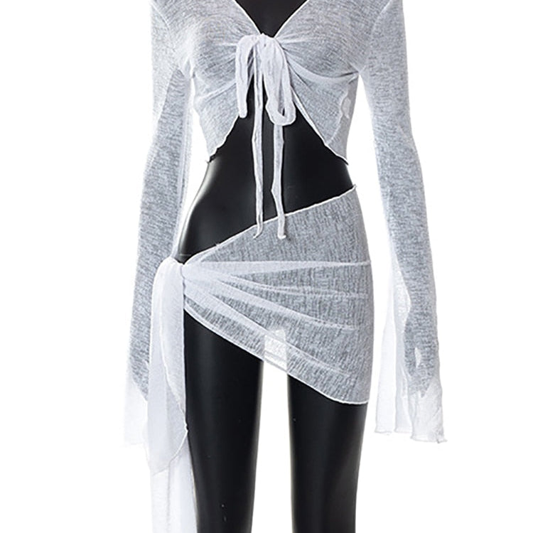 Abdieso Green Summer Sexy Beach Dress Sets Women See Through Outfits White Long Sleeve Crop Top and Mini Skirt 2 Pieces Set White