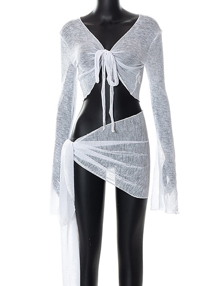 Abdieso Green Summer Sexy Beach Dress Sets Women See Through Outfits White Long Sleeve Crop Top and Mini Skirt 2 Pieces Set White