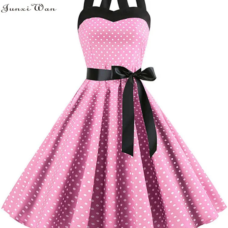 Polka Dot Dress Women Vintage Swing Halter Belt 50s 60s Rockabilly Prom Party Dresses Retro Feminino Vestidos