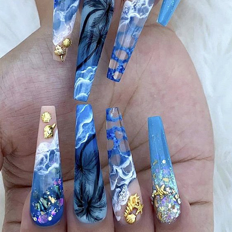 3D strobe fake nails accessories Hand painted beach wearing long french coffin tips with shells diamond press on false nail set