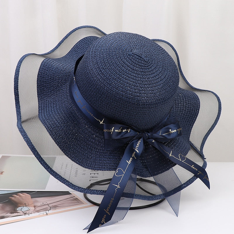 Korean Style Woman Straw Hat Bow Ribbon Large Brim Sunshade Ins Outing Fashion Beach Holiday ladies sun Hat Navy Blue 57 cm