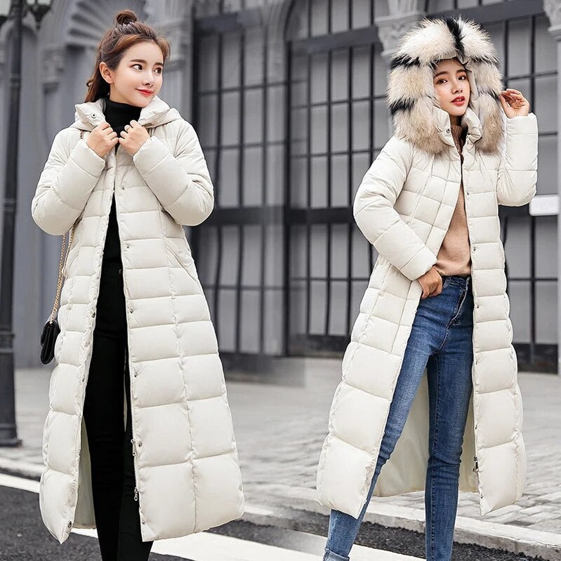 Winter jacket women's warm fashion bow belt fox fur collar coat long dress women's thick coat beige