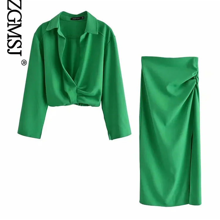 Skirts Womens Two Piece Set Linen Blend Cropped Women Shirt Draped Skirt Autumn Fashion Casual Dress Sets