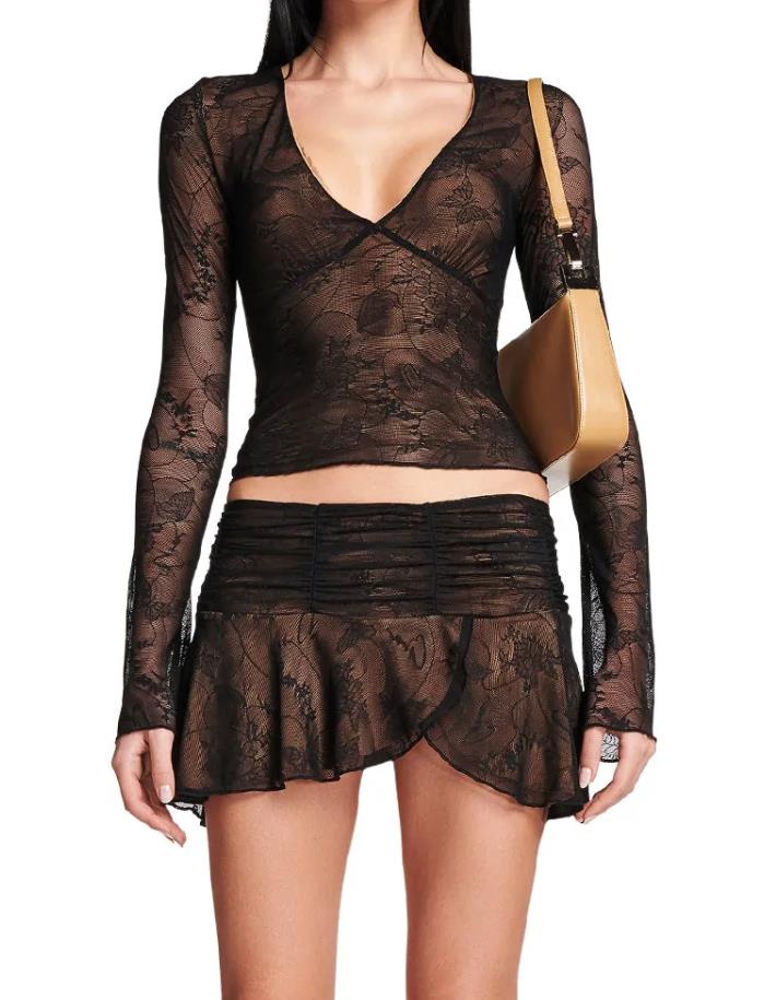 Y2K 2 Piece Mini Skirt Sets Sexy Mesh Sheer Lace Ruffle Outfits V Neck Beach Suits 2023 Summer Night Clubwear