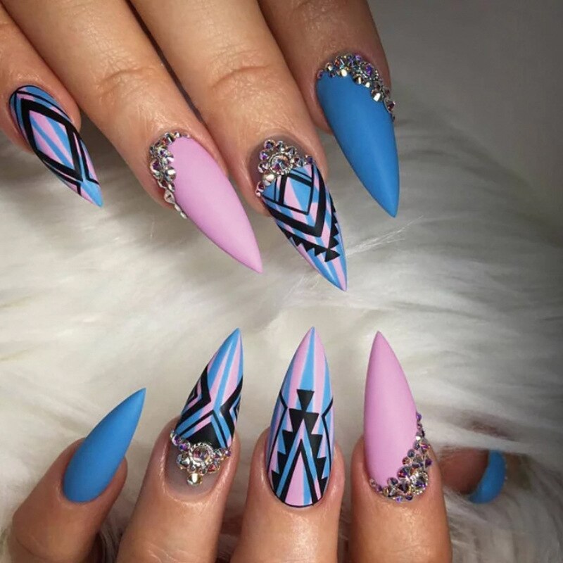 24pcs/set Long Stiletto Fake Nails Punk Snake Pattern Black White Matte False Nails Artificial Full Nail Tips Manicure Tools