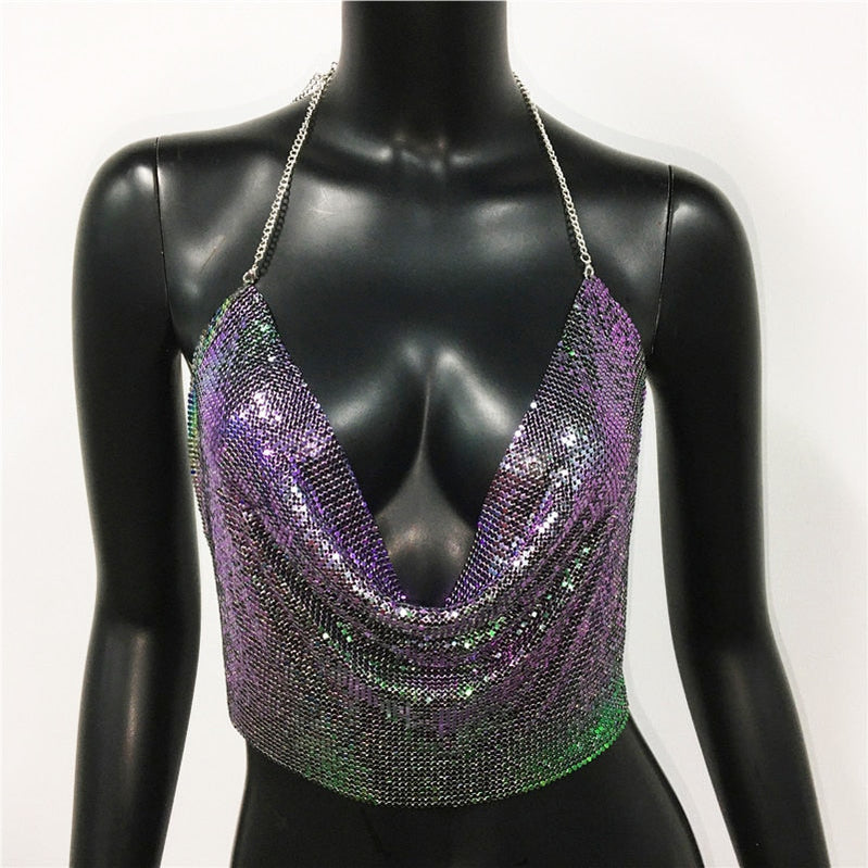 Women Sexy Metal Sequined Tank Camis Summer Gold Silver Backless Cropped Glitter Beach Club Show Wear Tank Tops multicolor 25 cm One Size