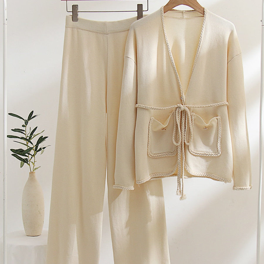 Spring Autumn Knitted Suits Women Long Sleeve Sweater and Wide leg Pants Sets Outwear Loose Lace Up Cardigan Outfits Sets Beige One Size