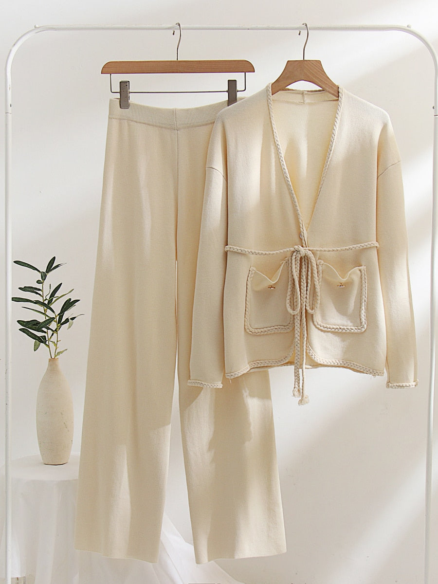 Spring Autumn Knitted Suits Women Long Sleeve Sweater and Wide leg Pants Sets Outwear Loose Lace Up Cardigan Outfits Sets Beige One Size