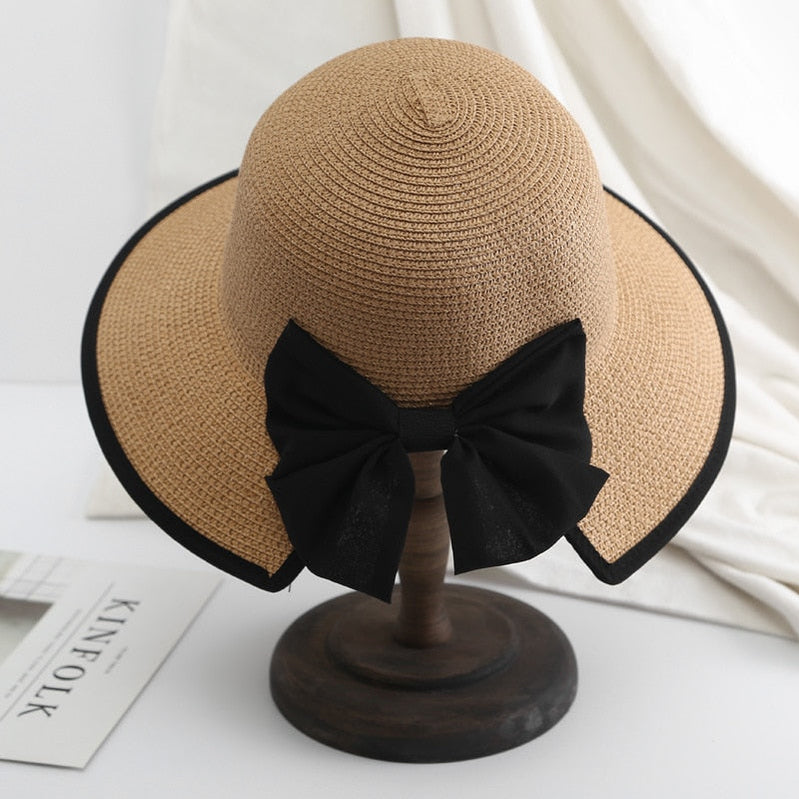 Women's Beach Panama Summer Hat Travel casual bowknot Straw Hat Fashion Beach Holiday ladies sun bucket Hat Khaki 56-58 cm