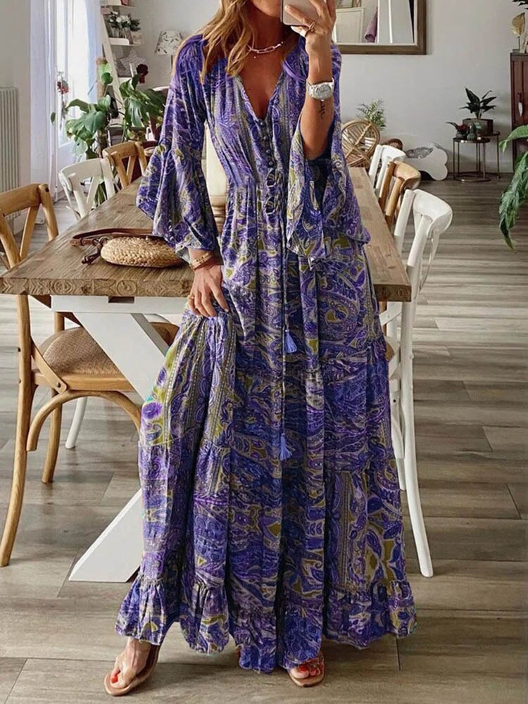 Women Vintage Print Long Dress 2023 Summer Sexy V Neck Short Sleeve A-line Dress Female Elegant Elastic Waist Maxi Dresess Robe EA08432-Purple