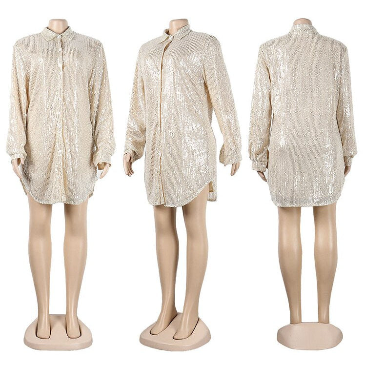 Elegant Evening Party Short Shirt Dress for Women Outfit Luxury Sequin Long Sleeve Spring Fall Birthday Club Dresses Vestidos
