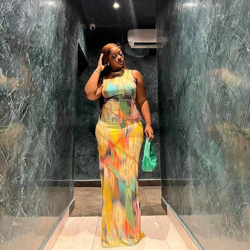 Women Halter Aesthetic Colorful Tie Dry Maxi Dress Hipster Striped Patchwork sleeveless Straight Robe Female Streetwear Yellow