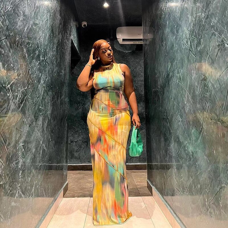 Women Halter Aesthetic Colorful Tie Dry Maxi Dress Hipster Striped Patchwork sleeveless Straight Robe Female Streetwear