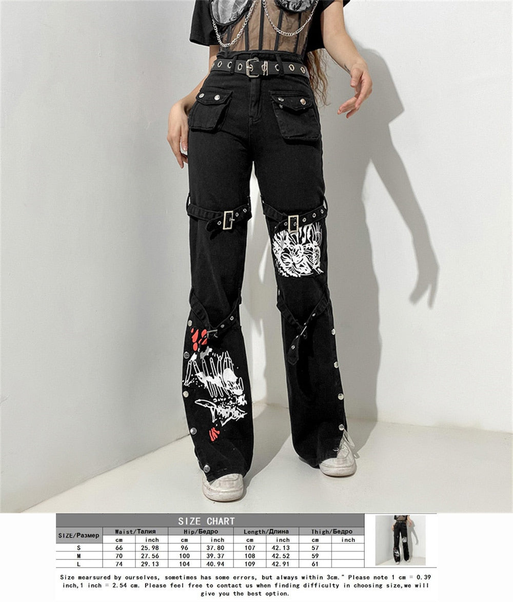 Eyelet Buckle Cyber Punk Goth Baggy Jeans Y2K Woman Techwear Dark Academic Solid E Girl Cargo Pants Denim Gothic Hippie Trousers