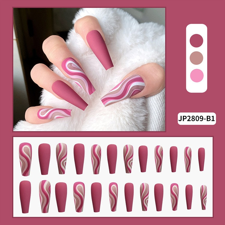 Sea Wave Carp Japanese Style Doodle False Nails Detachable Nude Pink Long Coffin Fake Nails with Glue Full Cover Press on Nails