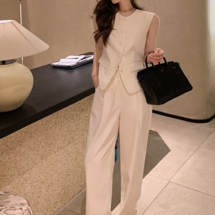 Korean Fashion Summer Pleated Skirt 2 Piece Set Women Elegant Sleeveless Button Tops+Wide Leg Pants Suits Y2k Casual Outfits white pant set