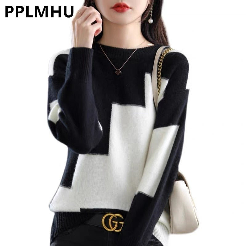 Tie Dye Spring Fall Knit Tops Women Casual Patchwork Korean Sweaters Design Contrasting Colors Pullover O-neck Knitwear Jumper