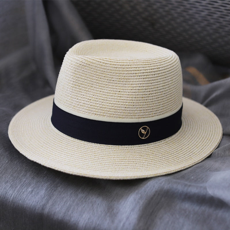 Designer New Natural Panama Soft Shaped Straw Hat Summer Women/Men Wide Brim Beach Sun Cap UV Protection Fedora Birthday Gift milk white navy blue
