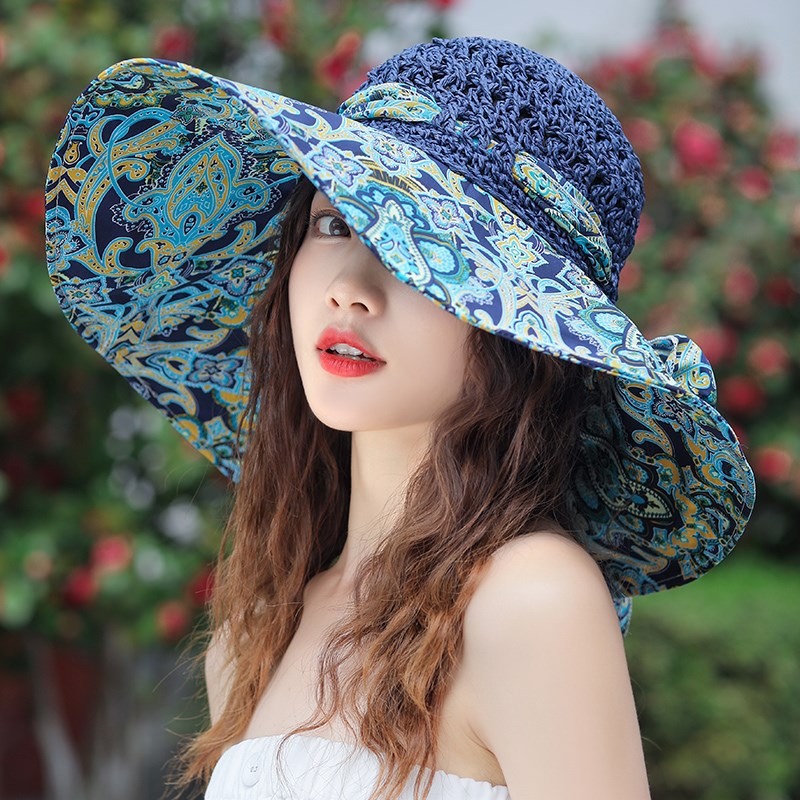MAXSITI U Large brim sunscreen sun hat female Bohemian Beach Hat Tie Dyed breathable sunshade straw hat fisherman hat Blue