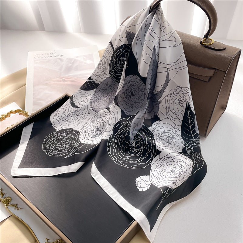 Fashion Hair Scarf for Women Decor Headband Ribbon Satin Silk Square Scarves Lady Wrist Wrap Shawls Design Bandana Foulard FJ693-1