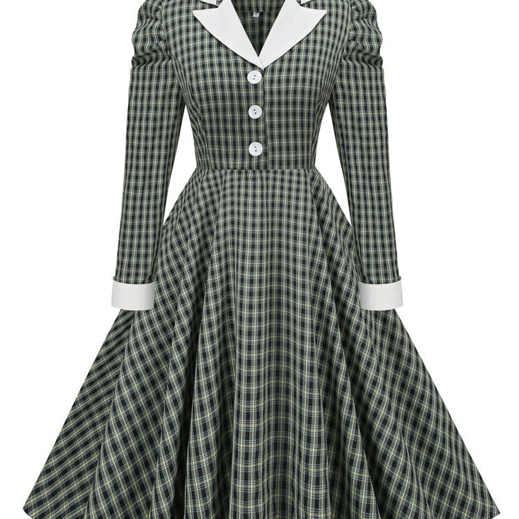 Tonval Gigot Sleeve Button Up Vintage Rockabilly Swing Dress Elegant Party Wear 2022 Women Fall Outfits Green Plaid Dresses Green