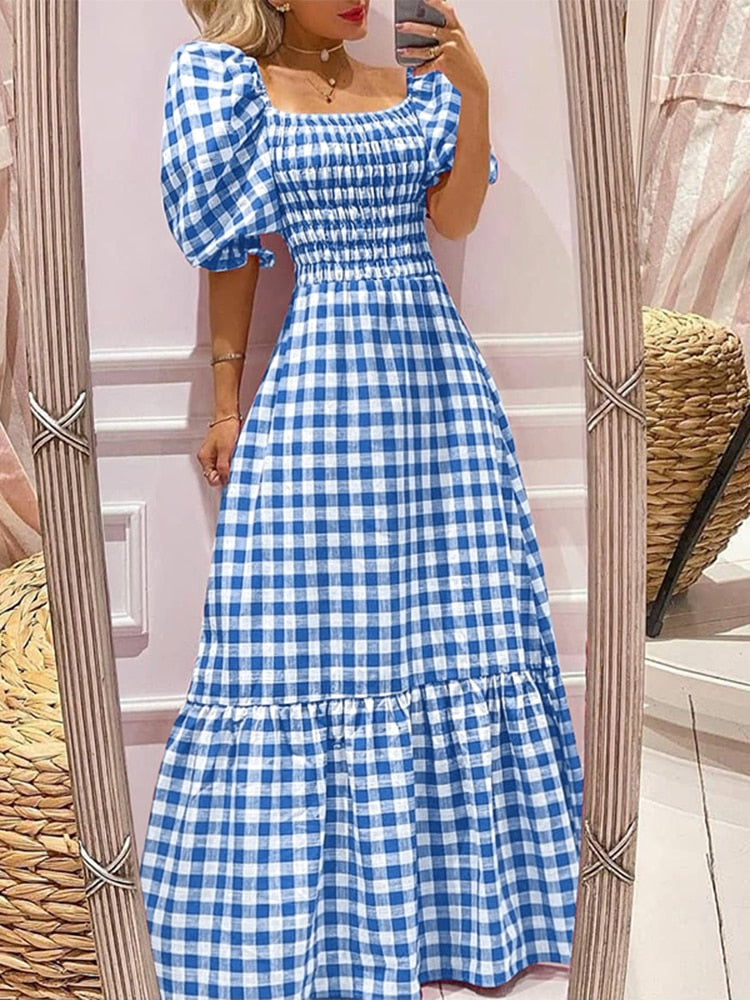 Summer Long Maxi Dress Women Casual Short Sleeve Square Collar Vintage Plaid Party Bohemian Vestidos Loose Sundress