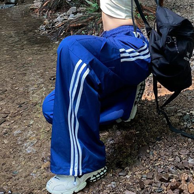 Women Casual Joggers Tech Pants Vintage Solid Low Waist Drawstring Baggy Trousers Y2K Wide Leg Sweatpants Streetwear Cargo Pants EA07632-Blue