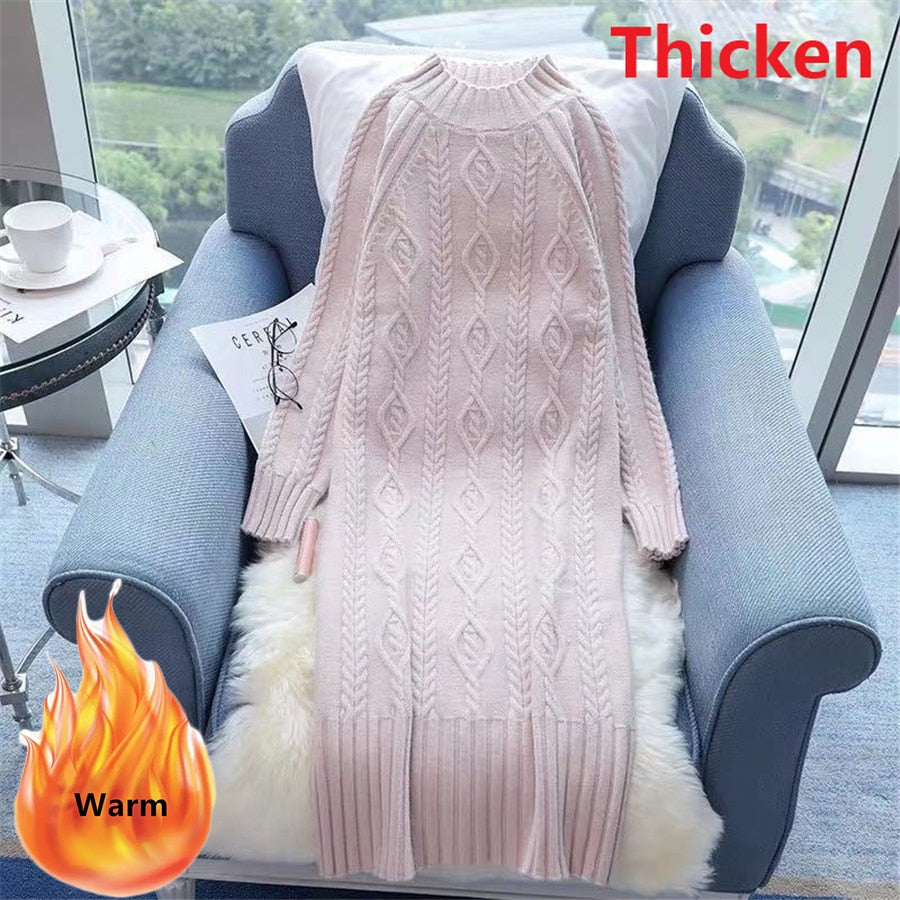 Winter Thicken Plus Velvet Sweater Dress Women's Fall Mock Neck Rib Knit Bottoming Dresses Elegant Warm Vestido Midi With Coats