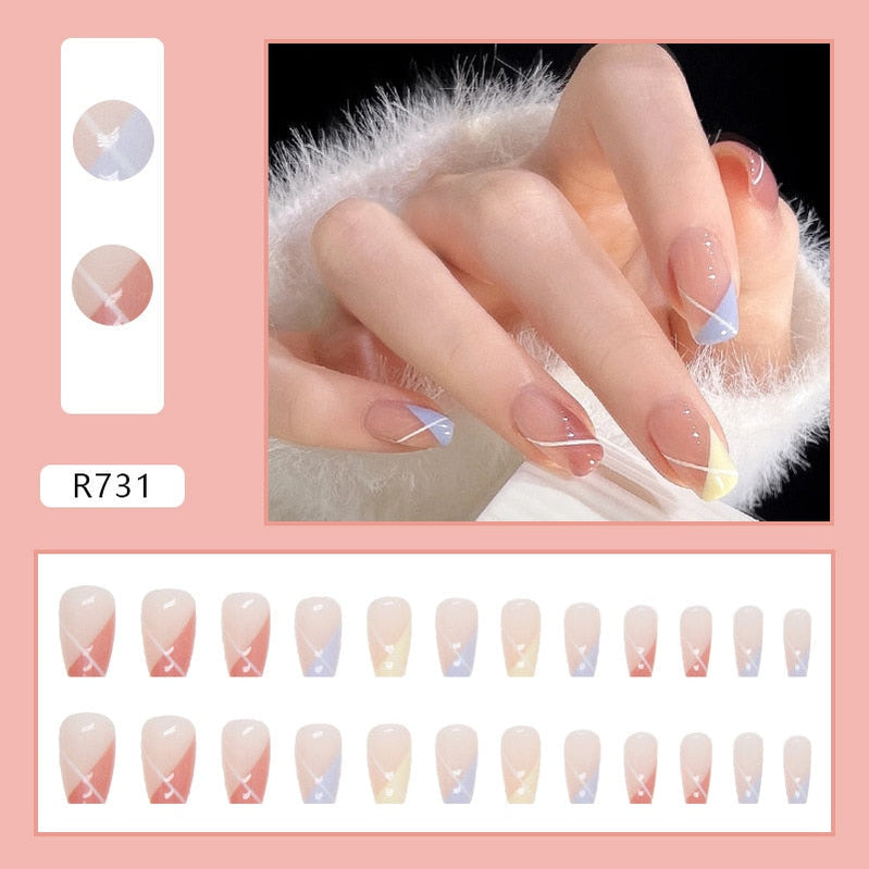 24Pcs/Box Sweet Short Round/Square Head False Nail Art Full Cover Detachable Artificial Fake Nails Ballerina Press on Nails Tips R731