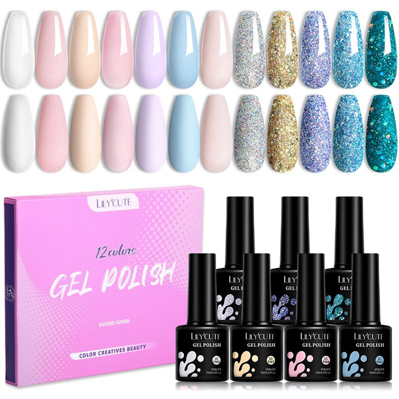 LILYCUTE 12PCs 7ml Spring Macaron Nail Gel Polish Set Semi Permanent UV Gel For Manicure Soak Off Gel Nail Polish Kit Varnishes 56348-5
