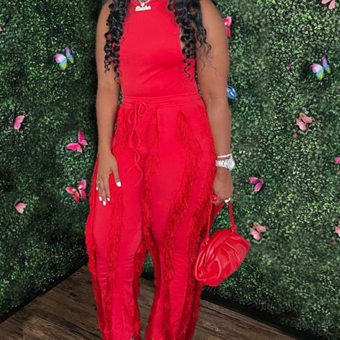 Fashion Solid Romper Casual Tank Top & Tassel Decor Drawstring Pants Set Skinny Tank Jumpsuits Summer Female Outfit Streetwear B