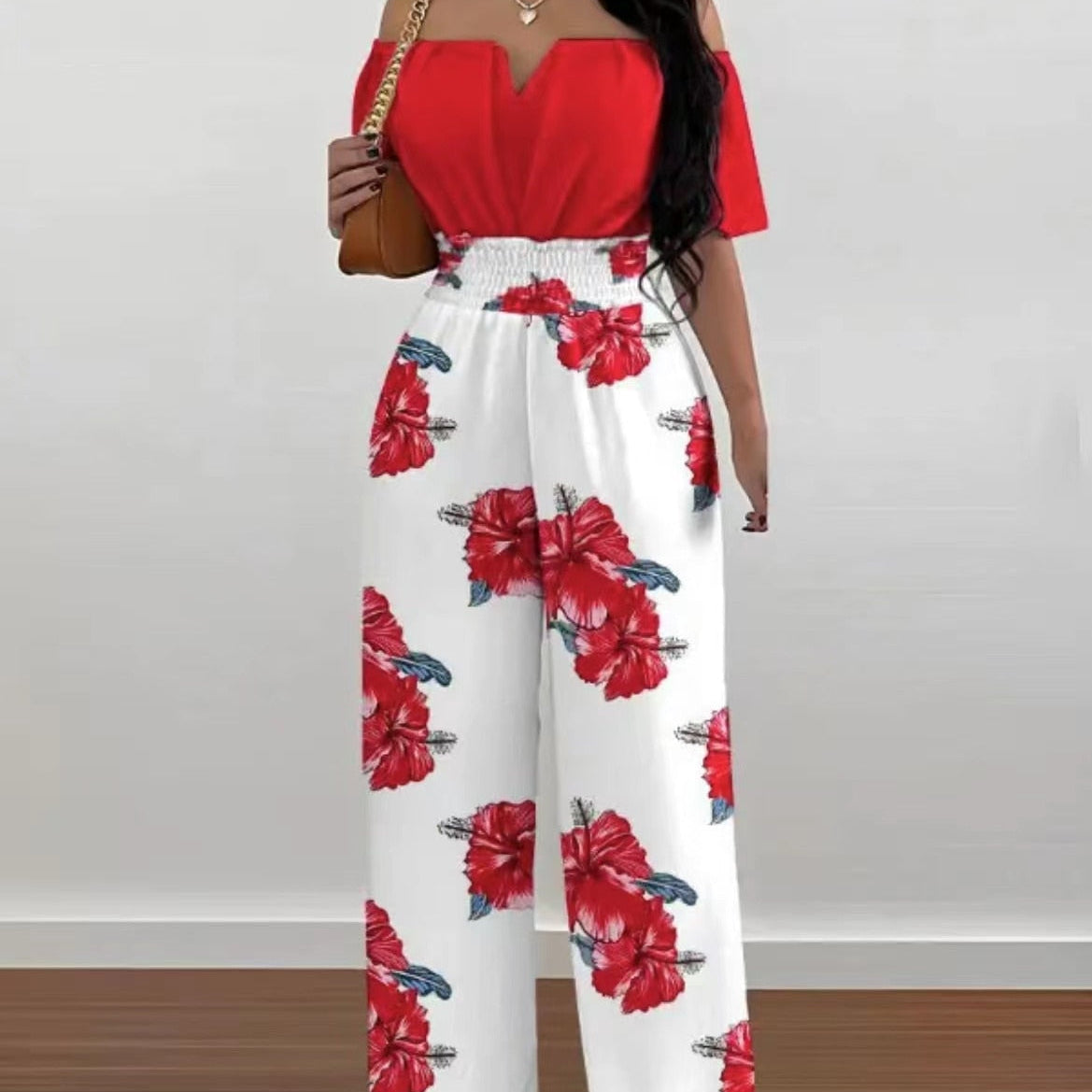 Summer Fashion Printed Wide Leg Jumpsuit Women Sexy Beach Style Off-shoulder High Waist Jumpsuit Womem 5