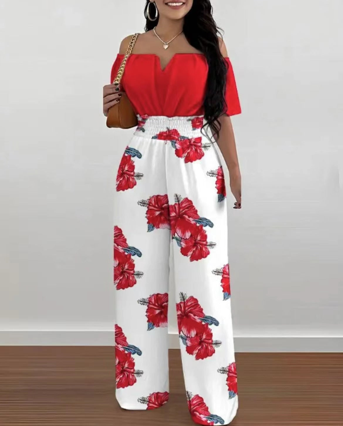 Summer Fashion Printed Wide Leg Jumpsuit Women Sexy Beach Style Off-shoulder High Waist Jumpsuit Womem 5