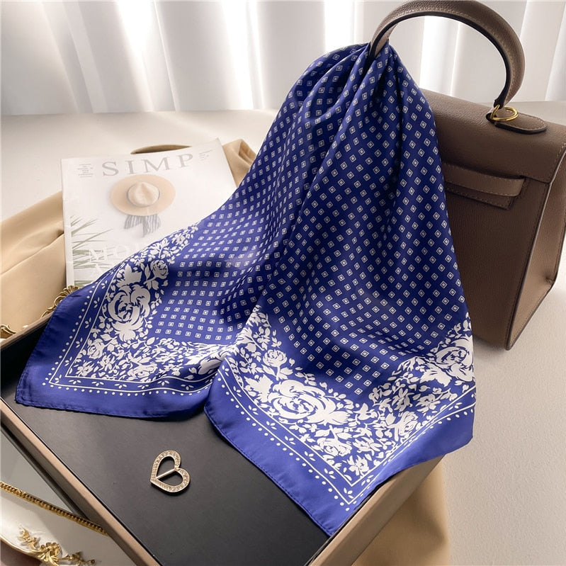 Fashion Hair Scarf for Women Decor Headband Ribbon Satin Silk Square Scarves Lady Wrist Wrap Shawls Design Bandana Foulard FJ709-1