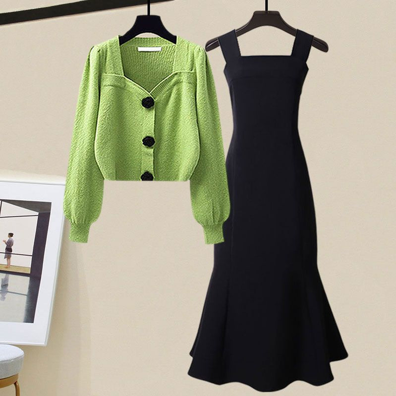 Women's Spring Autumn Fashion Knitted Sweater+Strap Dress Two-piece Korean Elegant New in Matching Sets Female Skirt Suit Set 02