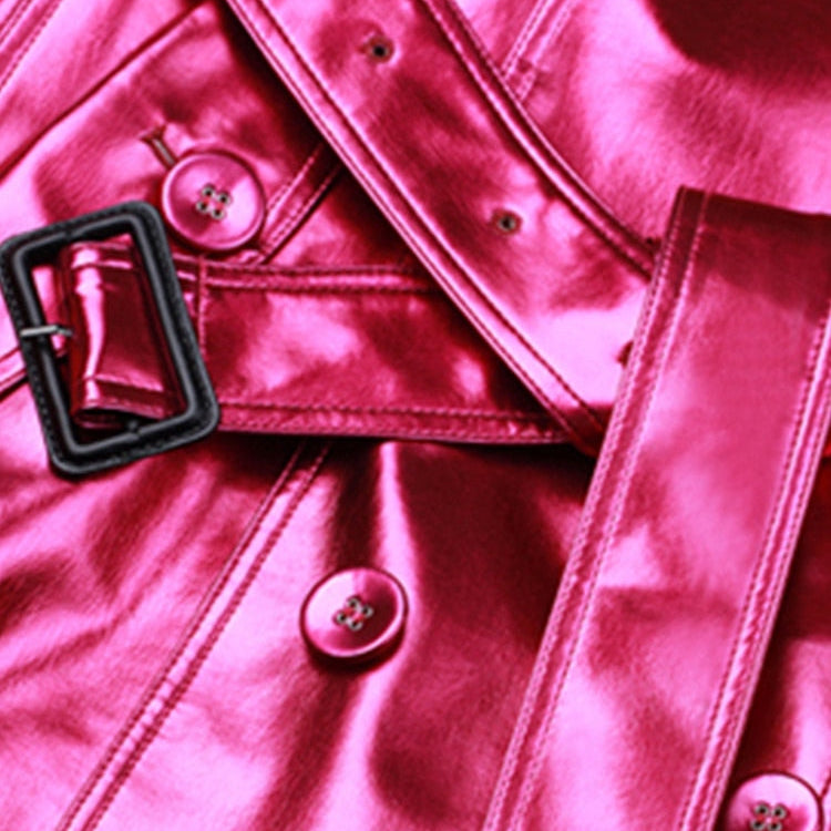 Spring Autumn Long Shiny Reflective Patent Leather Trench Coat for Women Belt Double Breasted Cool European Fashion