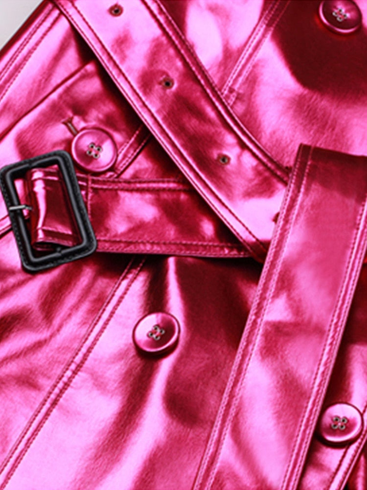 Spring Autumn Long Shiny Reflective Patent Leather Trench Coat for Women Belt Double Breasted Cool European Fashion