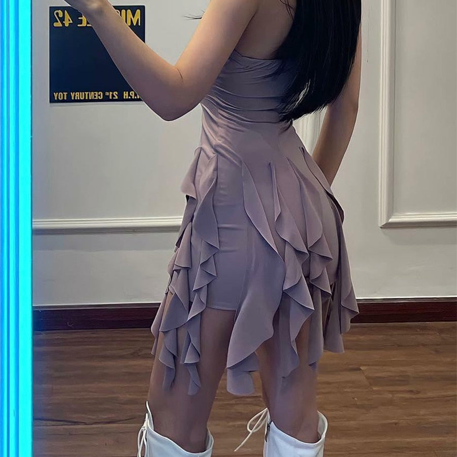 Summer Women Fairy Ruffle Tassels Bodycon Dress Women Off-Shoulder Strapless Irregular Mini Dress Streetwear