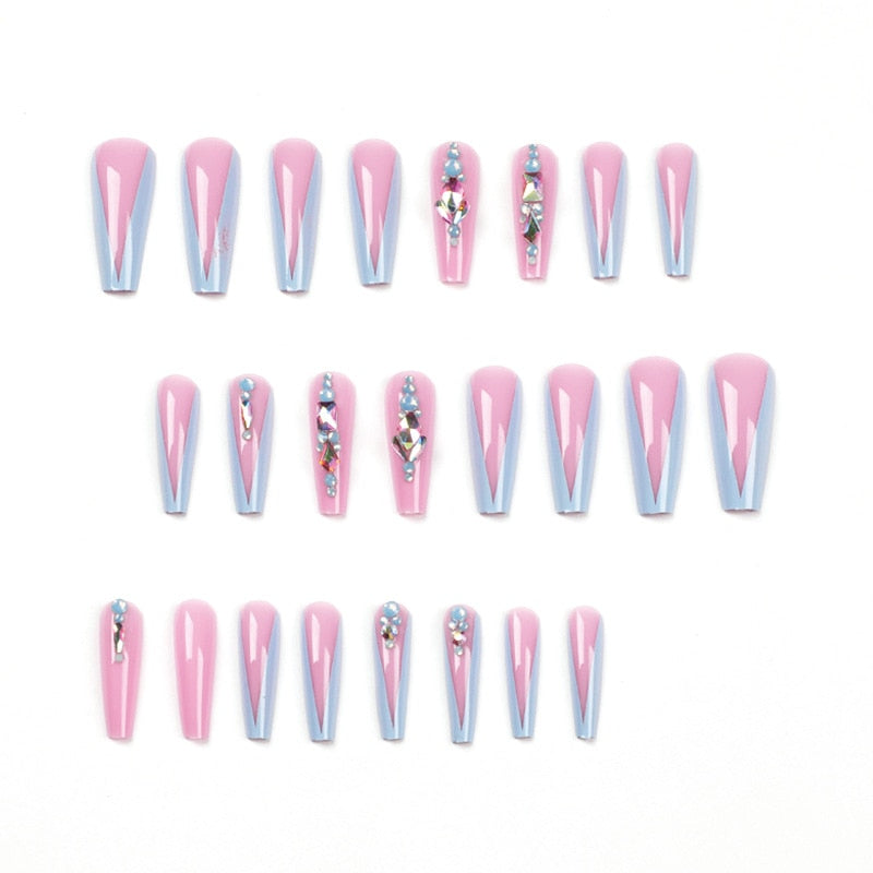 Glossy Pink Wearable Nail Art Blue Rhinestone Extra Long Ballet Detachable Finished False Nails Press on Nails with Glue