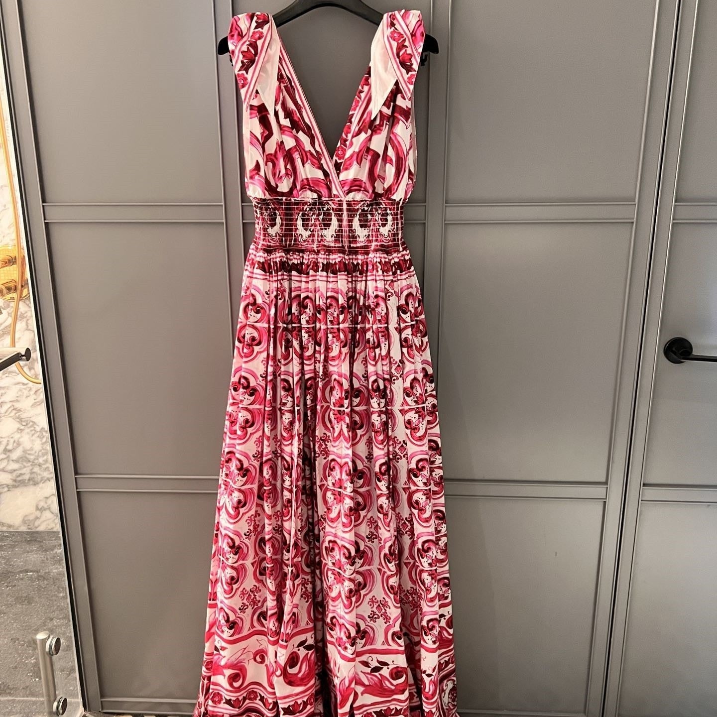 Summer Cotton Print Deep V-Neck Sleeveless Strap A-line Waist Wrap Large Hem Long Dress woman maxi skirt Burgundy