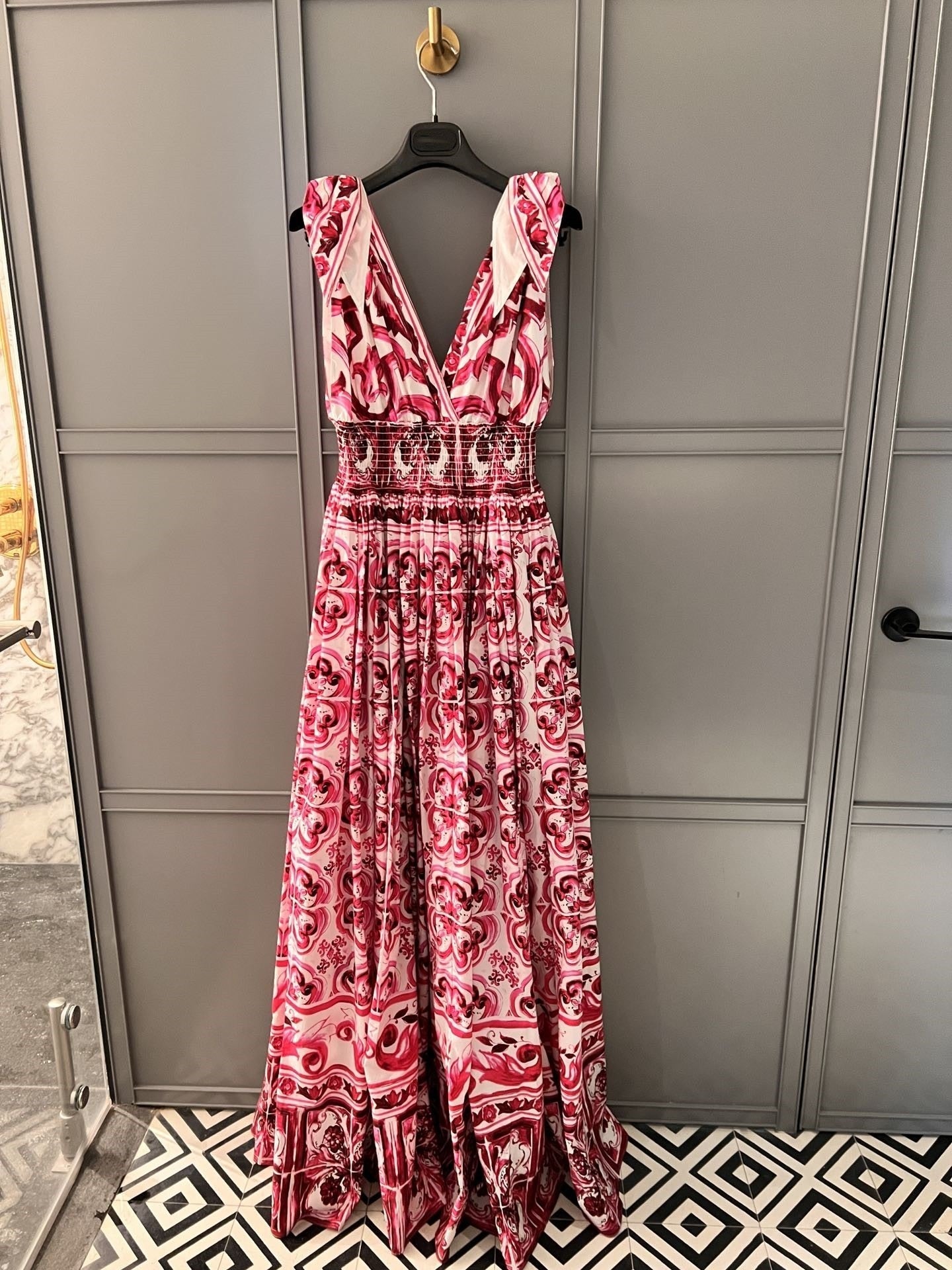 Summer Cotton Print Deep V-Neck Sleeveless Strap A-line Waist Wrap Large Hem Long Dress woman maxi skirt Burgundy