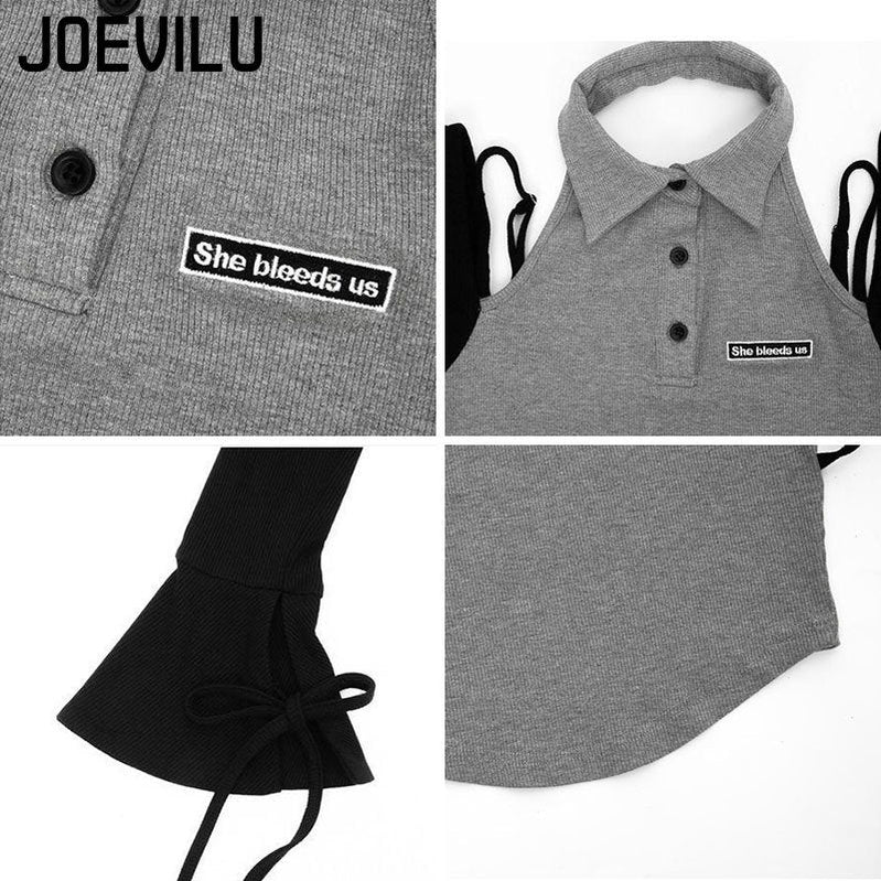 Gothic Skirt Set Polo Neck Waist Strap Off Shoulder Long Sleeve T-Shirt Pleated Denim Skirt 2 Piece Sets Women Outfits Y2k Suit