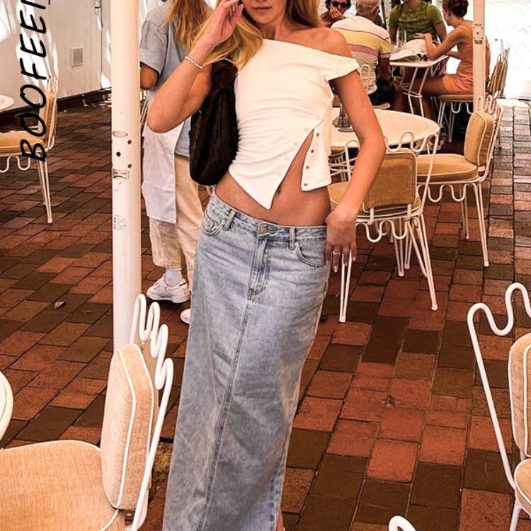 BOOFEENAA Asymmetrical Sleeveless T Shirt Button Split One Shoulder Cropped Tank Tops Womens Clothing Summer 2023 C85-CZ14