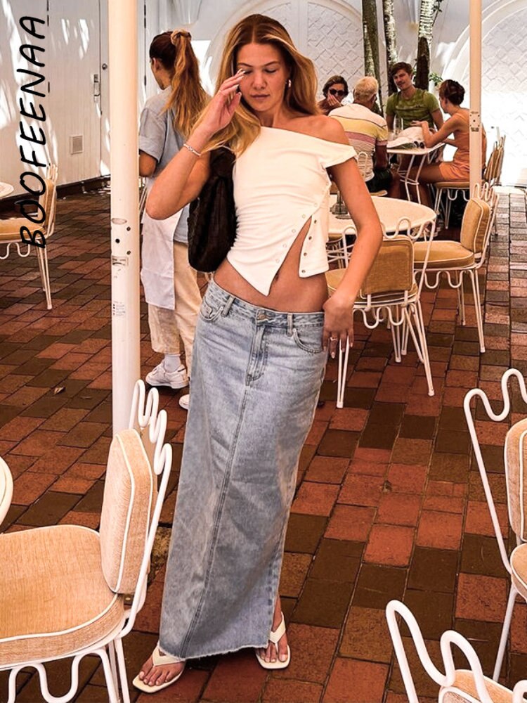 BOOFEENAA Asymmetrical Sleeveless T Shirt Button Split One Shoulder Cropped Tank Tops Womens Clothing Summer 2023 C85-CZ14