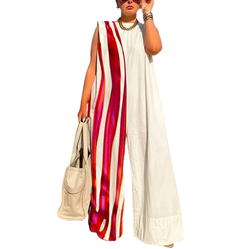 Yeezzi New Fashion Striped Contrast Color Wide Leg Jumpsuits Summer Sleeveless Going Out One Piece Outfit For Women
