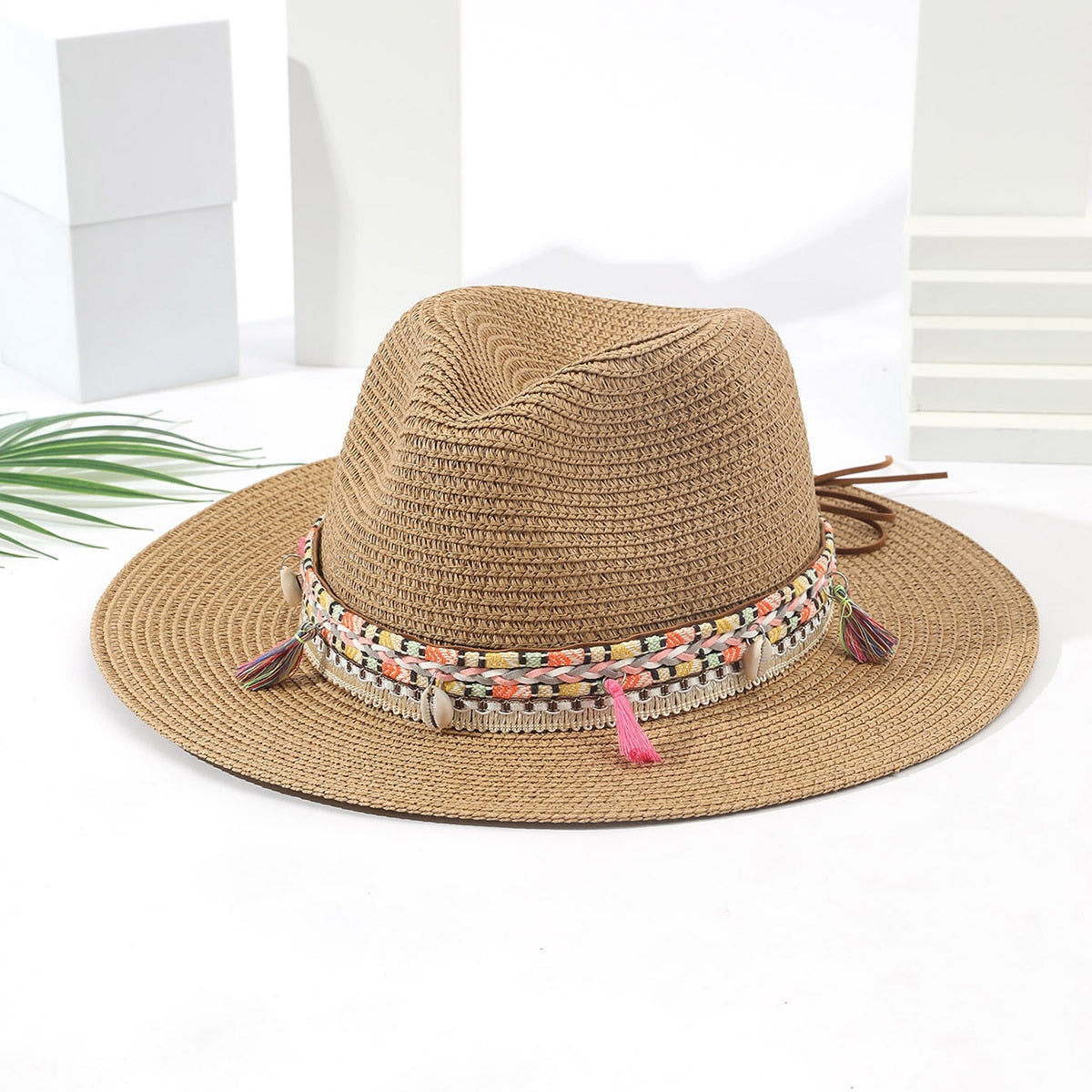 Women Pink Tassel Cowboy Hat Floppy Beach Hats Summer Straw Hats Ladies UV Protection Hat Panama Sun Hat camel 1