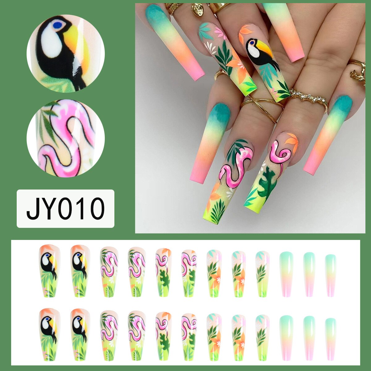 24pcs/set fake nails accessories Spring summer brids snake leaf designs long french coffin tips faux ongles press on false nail