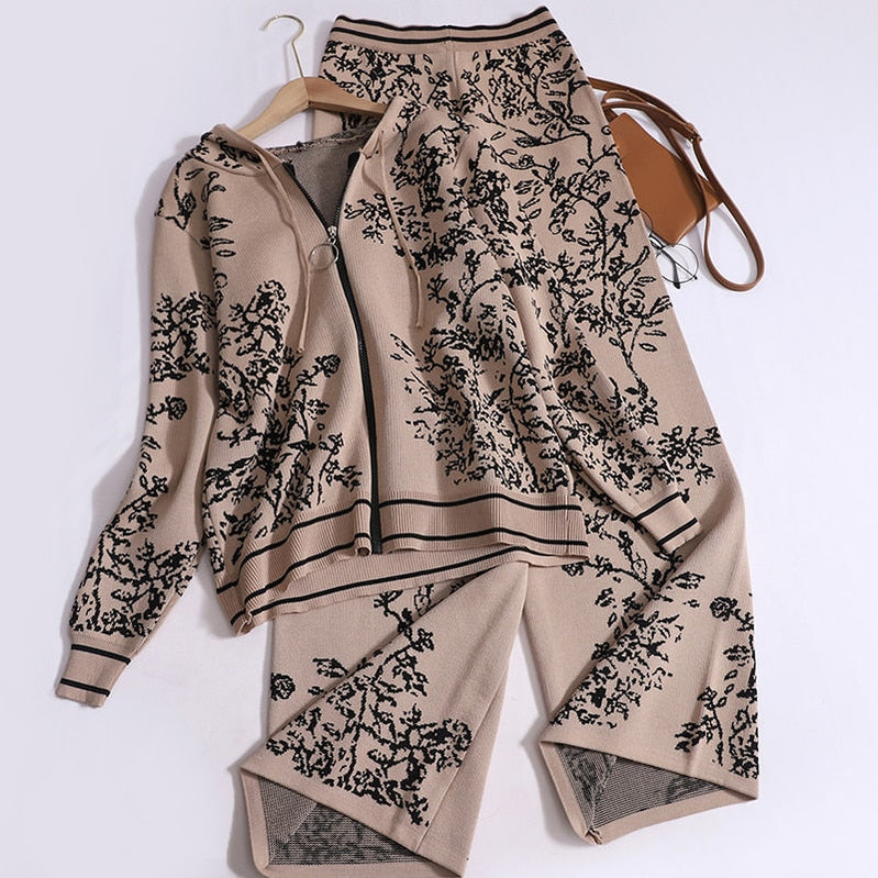 Autumn Temperament Pants Set for Women Printed Hooded Knit Cardigans + Casual High Waisted Wide Leg Pants Women Two Piece Set